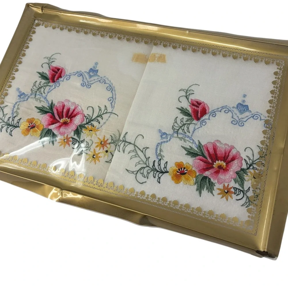 Vintage Embroidered Pillowcases Pair Floral Pink Blue NOS Original Box 26x16